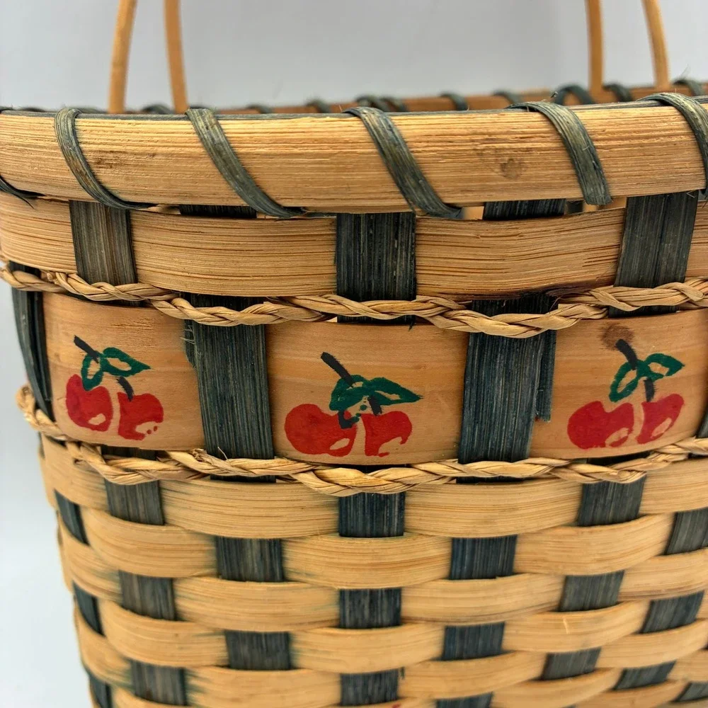 Handcrafted Woven Wood Cherry‎ Print Basket Dual Handle Farmhouse Storage 10x7x6